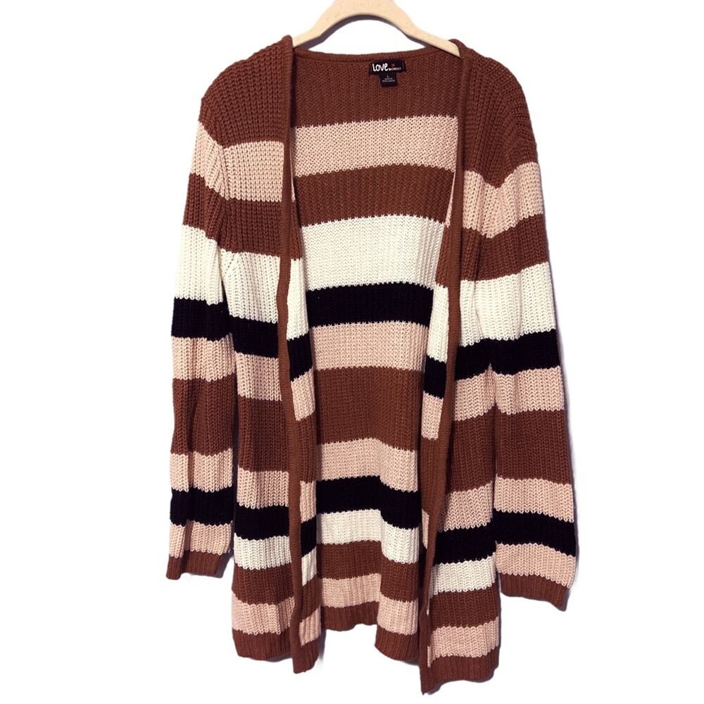 Love‎ by Chelsy Striped Long Open Front Knit Cardigan Side Slits Size Large